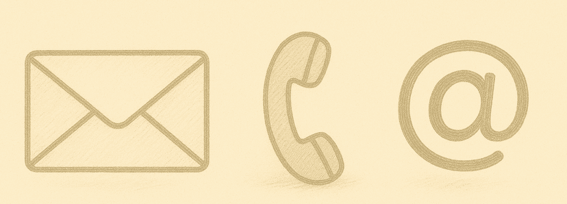 Illustration of contact icons including envelope, phone, and at symbol representing email, call, and online communication