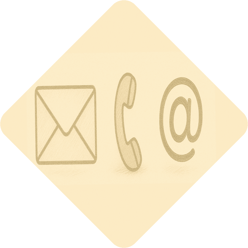 Illustration of contact icons including envelope, phone, and at symbol representing email, call, and online communication