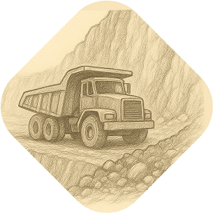 large dump truck on a sloped, rocky terrain, likely depicting a quarry or construction site.