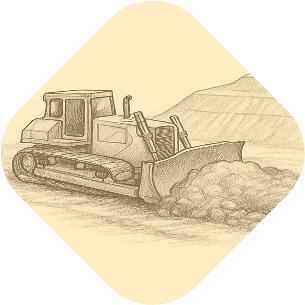 a bulldozer pushing a pile of earth on a construction or mining site.