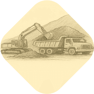 Pencil sketch of an excavator loading material into a dump truck, illustrating earthmoving operations.