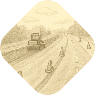 road roller compacting asphalt on a road, with traffic cones, symbolizing civil infrastructure and road construction.