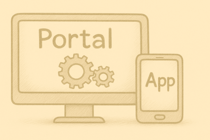 desktop computer labeled 'Portal' and a smartphone labeled 'App' with gears, symbolizing digital platforms and integrated technology systems