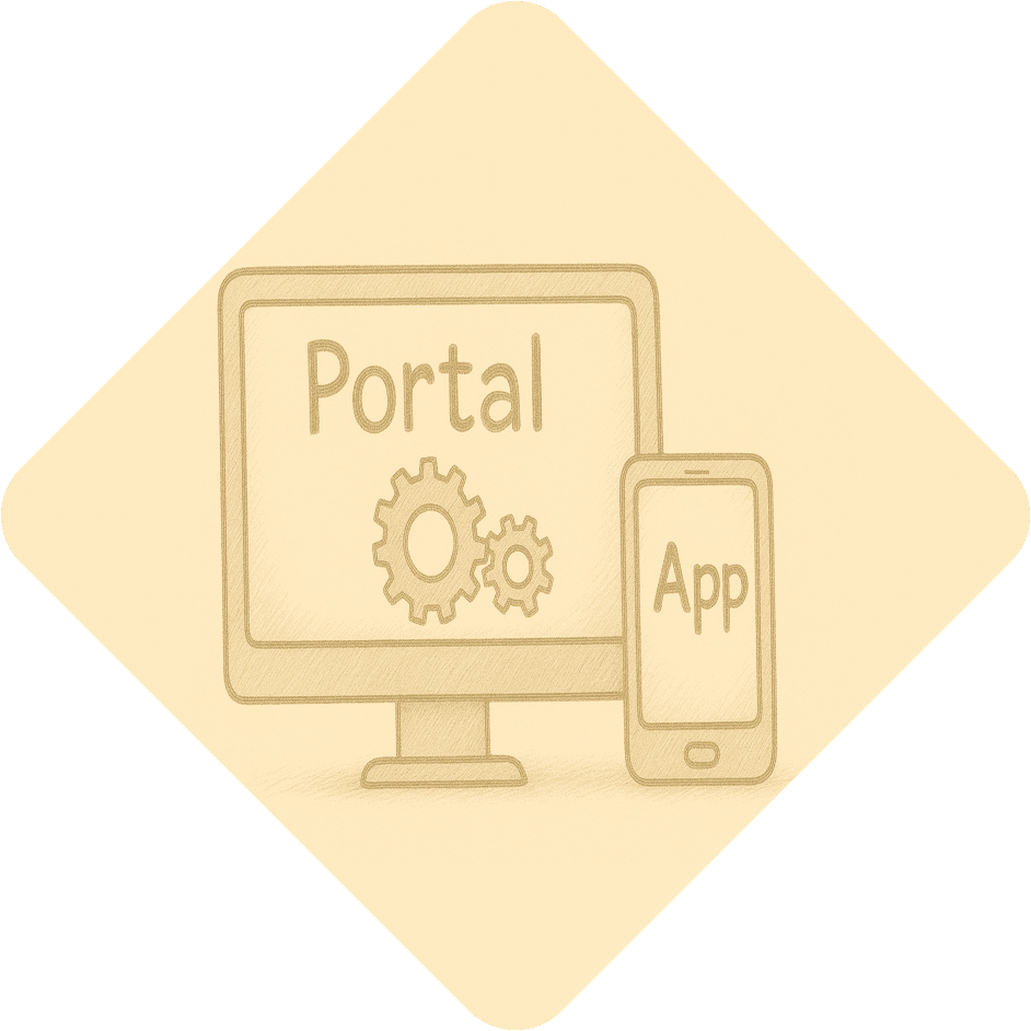 desktop computer labeled 'Portal' and a smartphone labeled 'App' with gears, symbolizing digital platforms and integrated technology systems