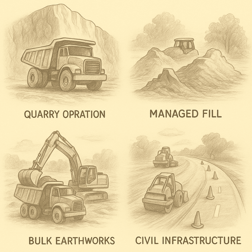 Four sketch illustrations demonstrating heavy machinery in different operational scenarios: a dump truck in a 'QUARRY OPERATION,' an excavator and dump truck for 'BULK EARTHWORKS,'earthmoving equipment on 'MANAGED FILL,' and rollers on a road for 'CIVIL INFRASTRUCTURE.'