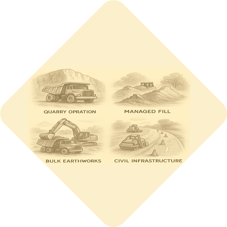 Four sketch illustrations demonstrating heavy machinery in different operational scenarios: a dump truck in a 'QUARRY OPERATION,' an excavator and dump truck for 'BULK EARTHWORKS,'earthmoving equipment on 'MANAGED FILL,' and rollers on a road for 'CIVIL INFRASTRUCTURE.'
