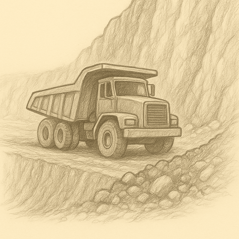 heavy-duty dump truck operating in a quarry site, transporting rocks and gravel for construction and mining purposes