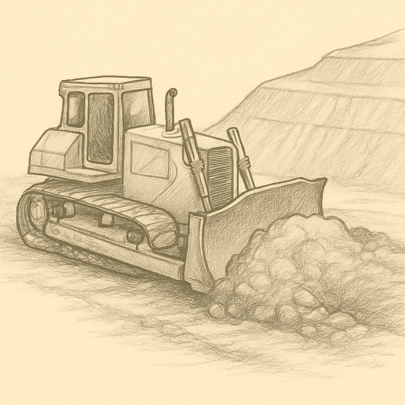 Bulldozer pushing rocks on a construction or mining site, illustrating heavy equipment in earthmoving operations