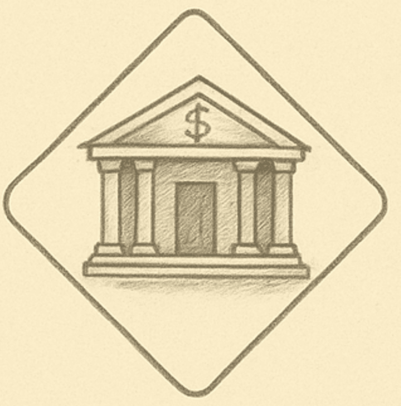 Sketch of a classical bank building with dollar sign, symbolizing finance, investment, or institutional funding
