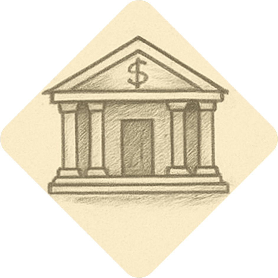 Sketch of a classical bank building with dollar sign, symbolizing finance, investment, or institutional funding