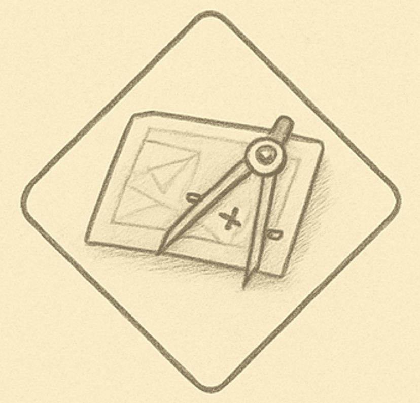 Drawing of a compass over a blueprint with plus and minus symbols, representing planning, design, and optimization in engineering or construction