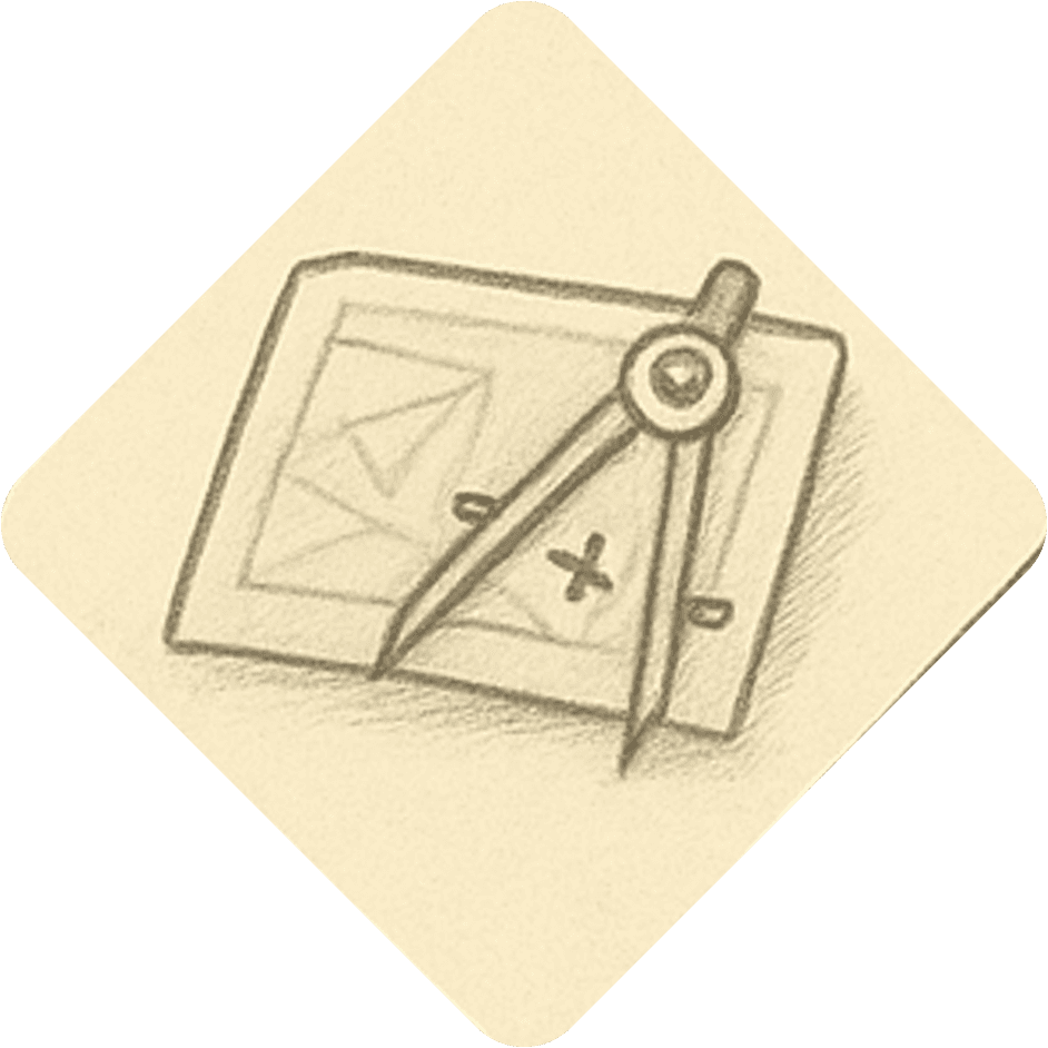 Drawing of a compass over a blueprint with plus and minus symbols, representing planning, design, and optimization in engineering or construction