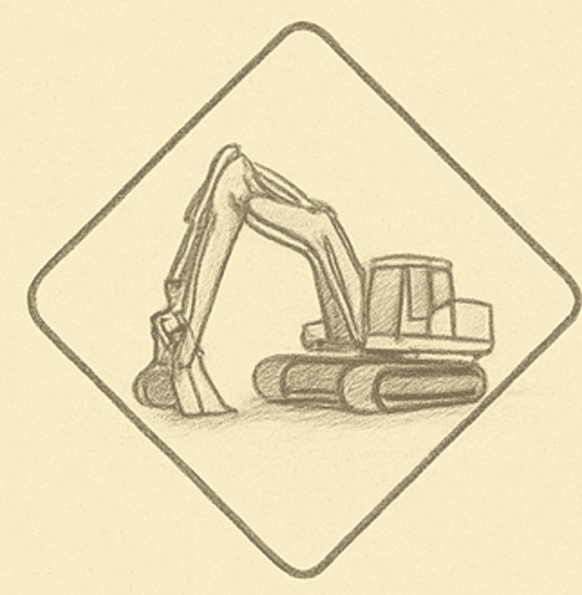 excavator in diamond-shaped construction sign indicating construction or excavation zone