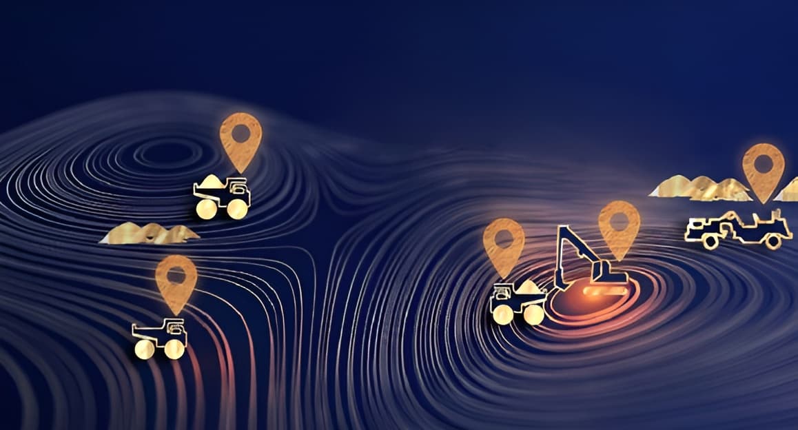 Virtual Site Productivity Tracker (VSPT) visual with 3D terrain, location markers, construction vehicles, and mining activity on a digital map background